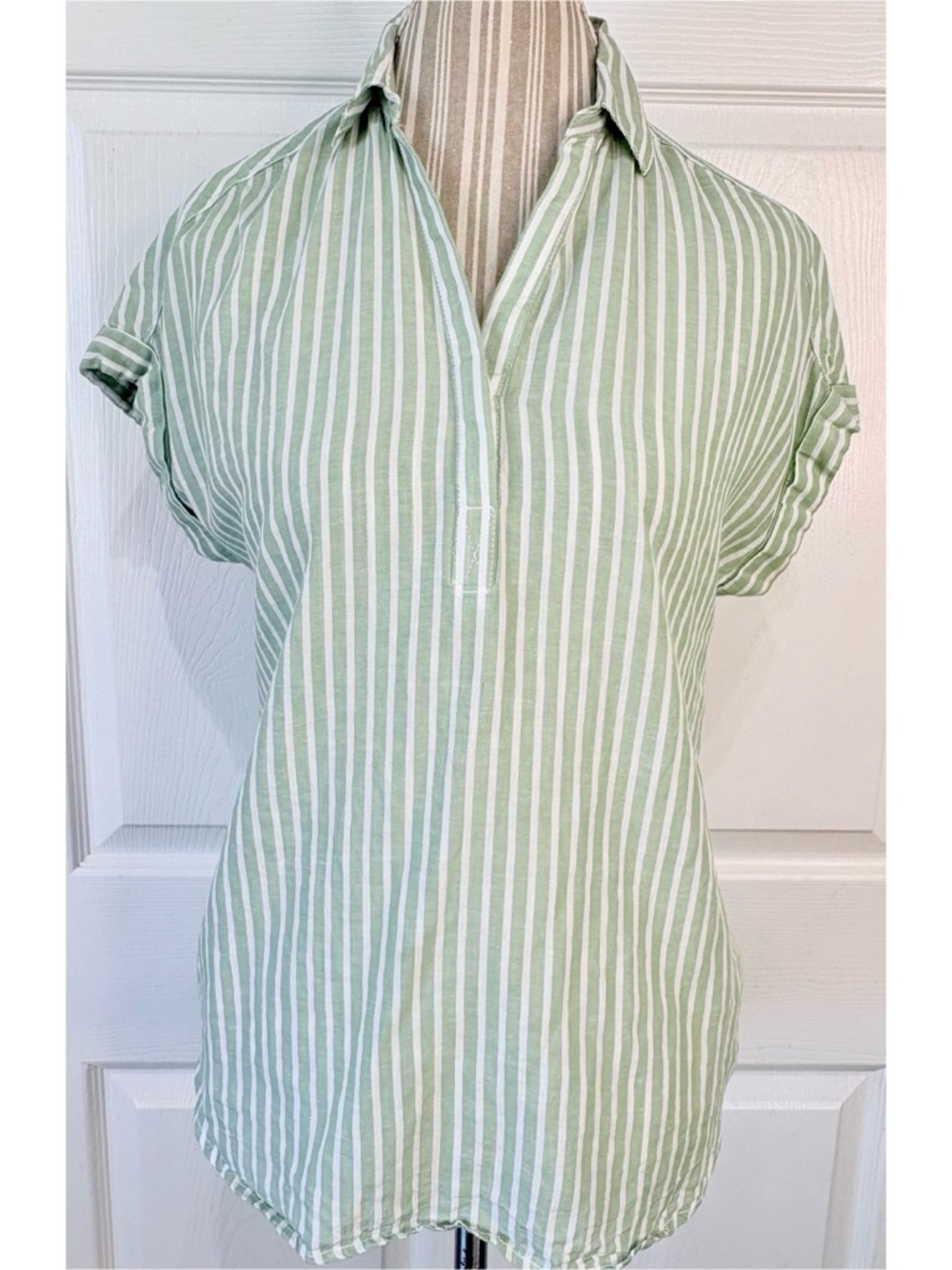 Anthropologie Green and White Striped Short-Sleeve Blouse